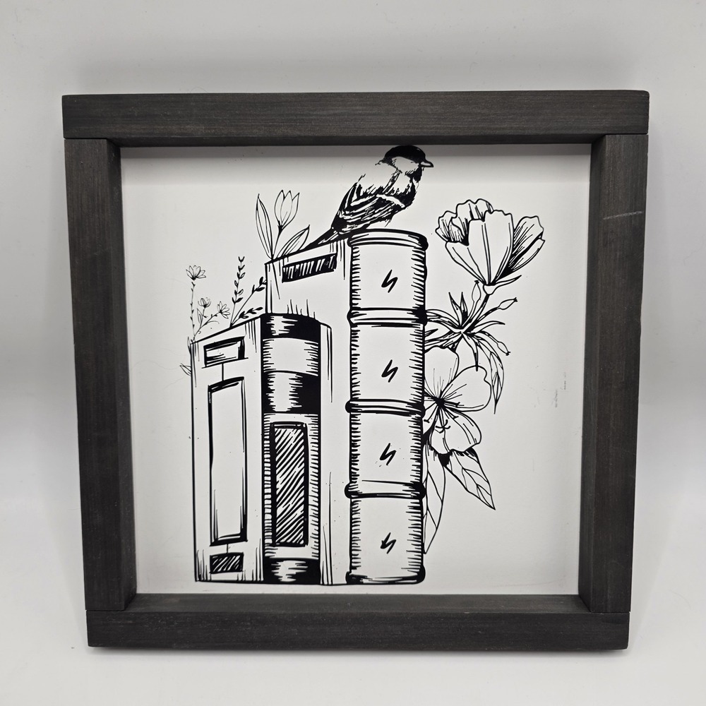 Cottagecore Book‎ Stack Wall Art 10x10 Framed Handmade Bird Botanical Decor
